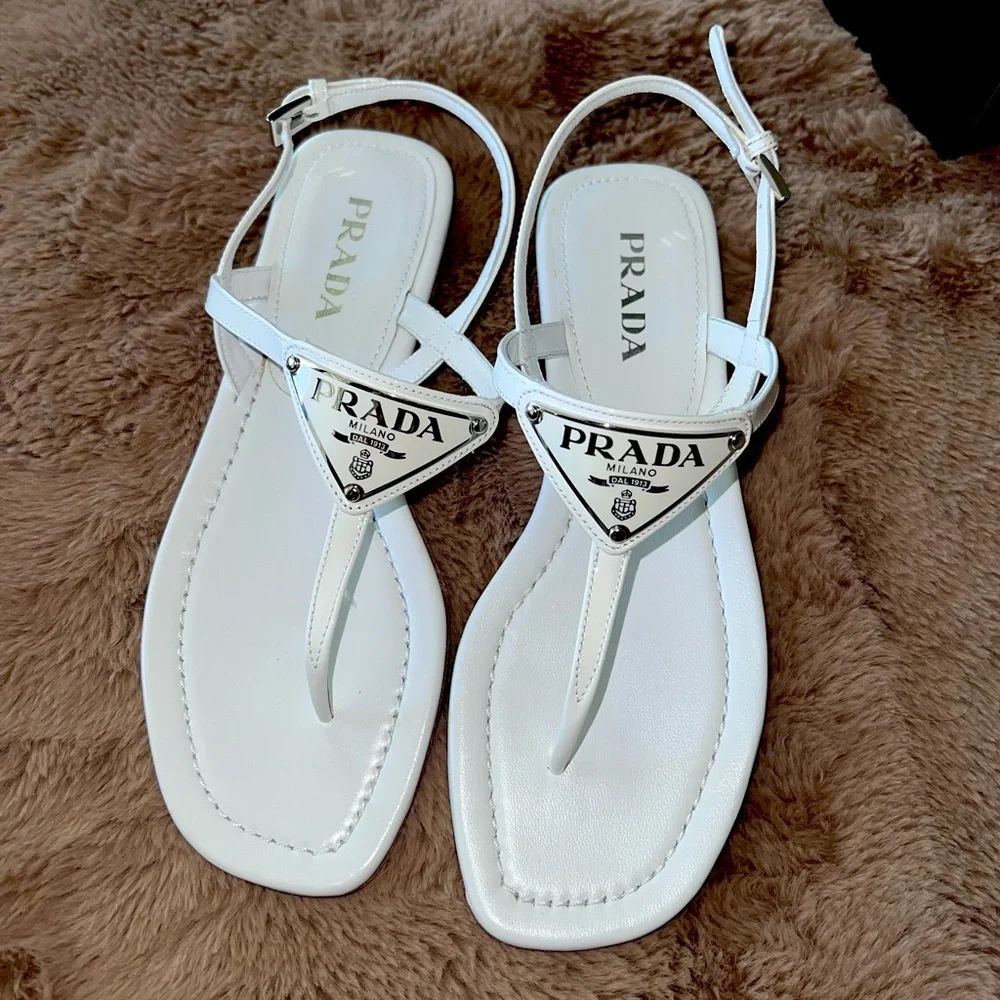 Prada | Shoes | Prada Patent Leather Thong Sandals In White | Poshmark